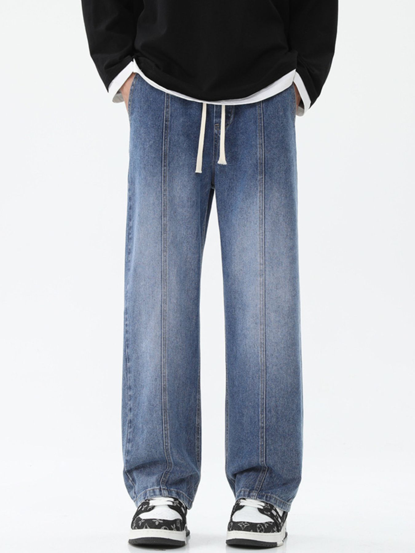 Men's Full Size Relaxed Fit Wide Leg Drawstring Jeans Plus Size