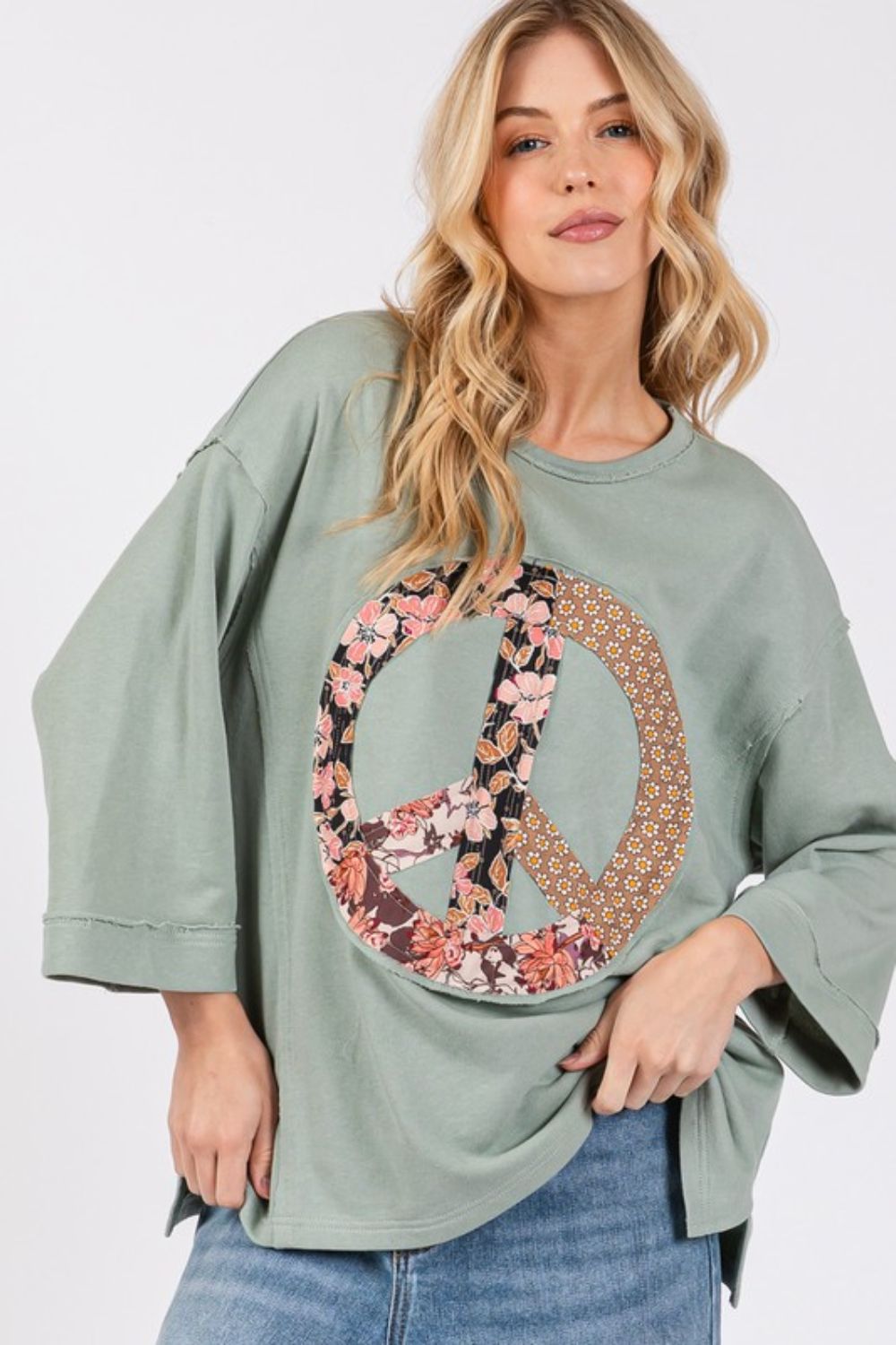 Floral Peace Patch Round Neck Top
