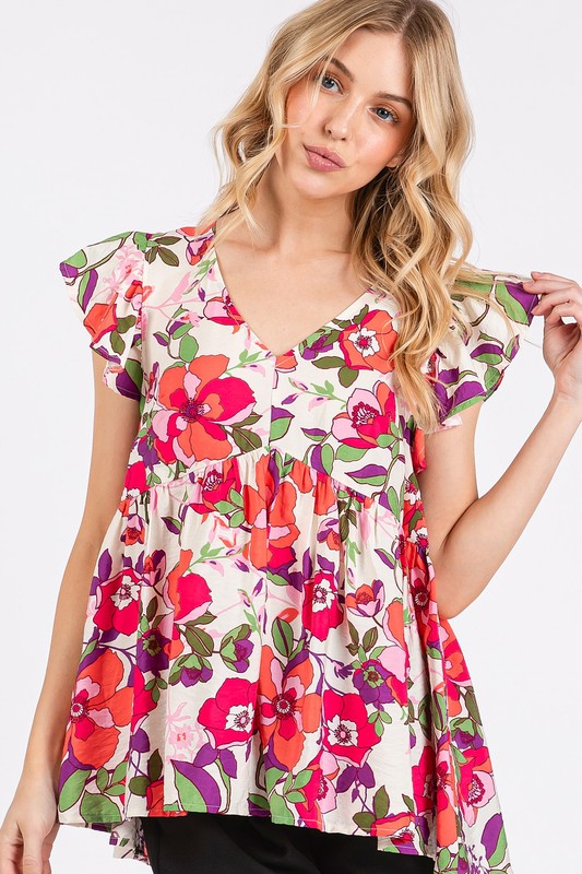 Floral V-Neck Ruffled Cap Sleeve Blouse