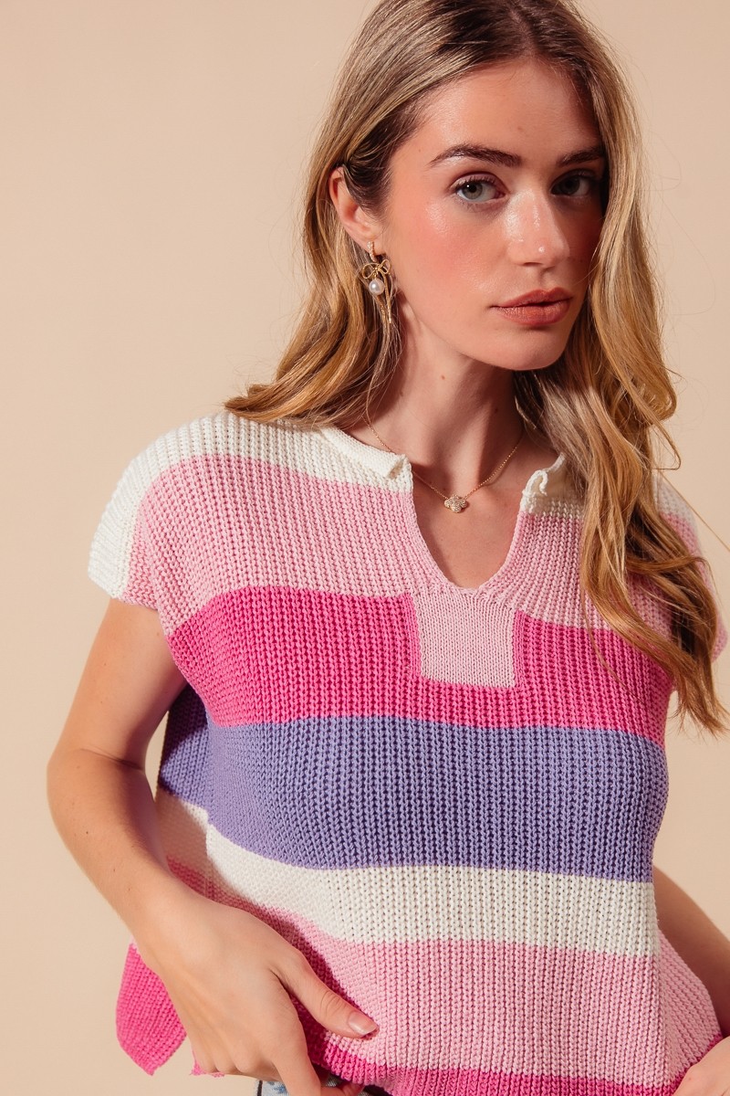 Multi Color Stripe Loose Fit Cap Sleeve Sweater Top