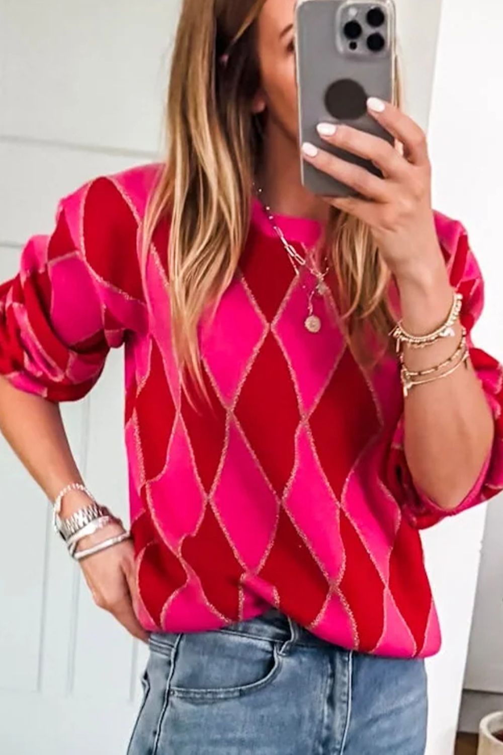 Argyle Pattern Long Sleeve Sweater