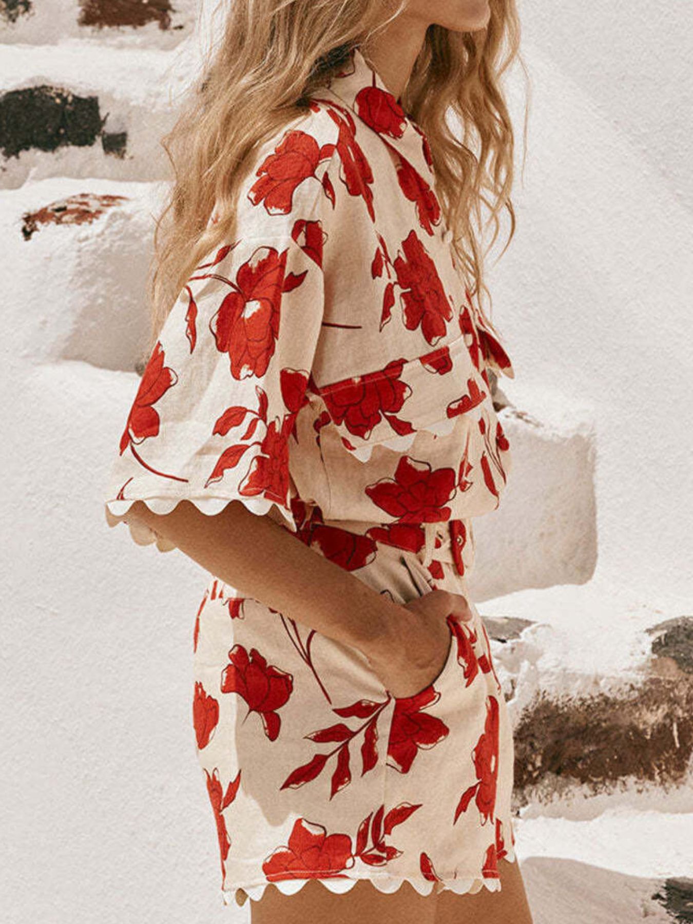 Floral Print Scalloped Edge Top and Shorts Set