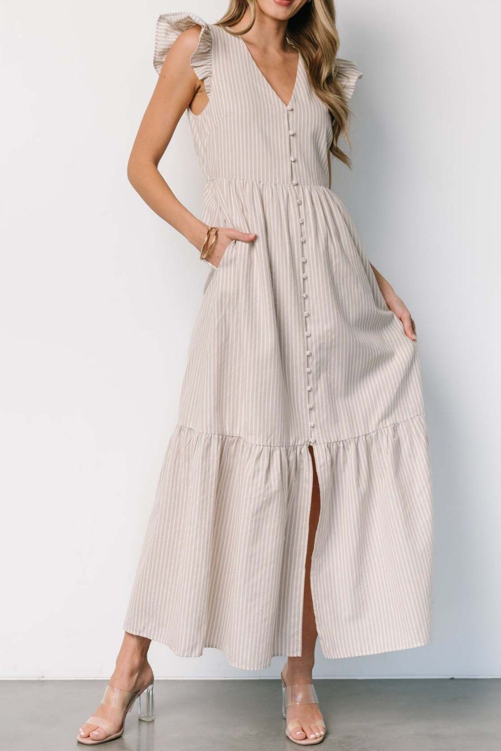 Slit Striped V-Neck Ruffled Cap Sleeve Dress