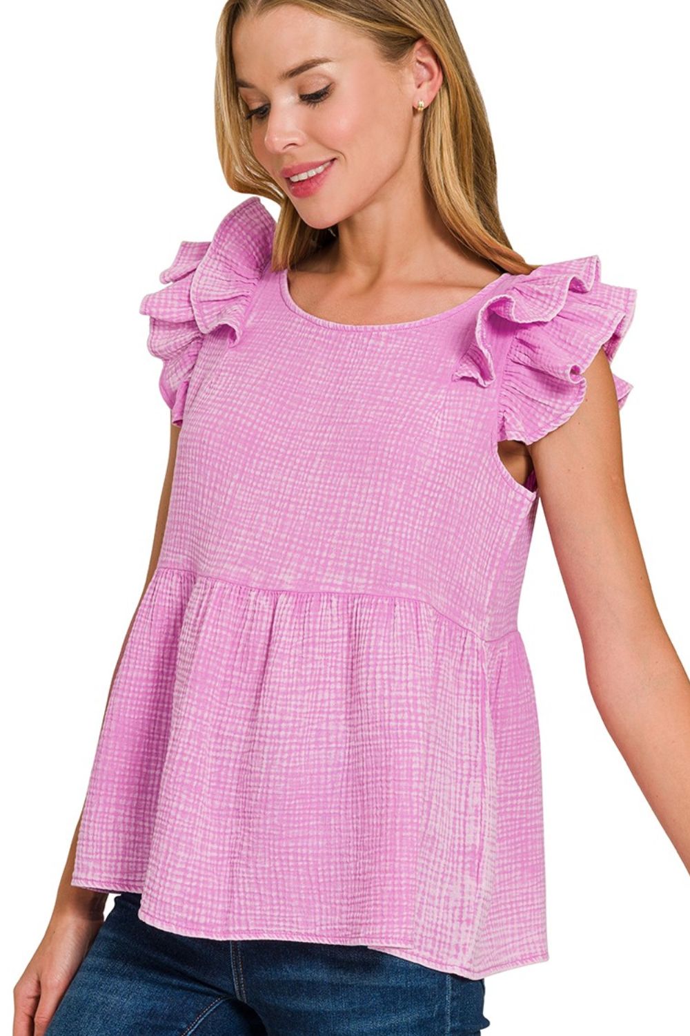 Double Gauze Acid Washed Tiered Ruffle Peplum Top