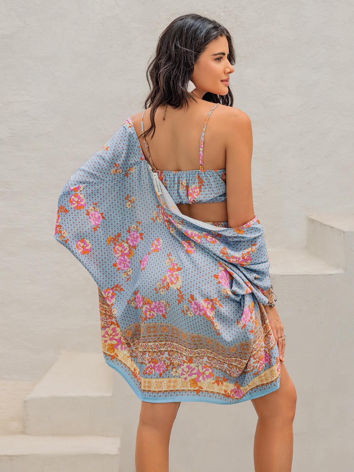 Printed Bra, Shorts and Cover Up Three-Piece Set