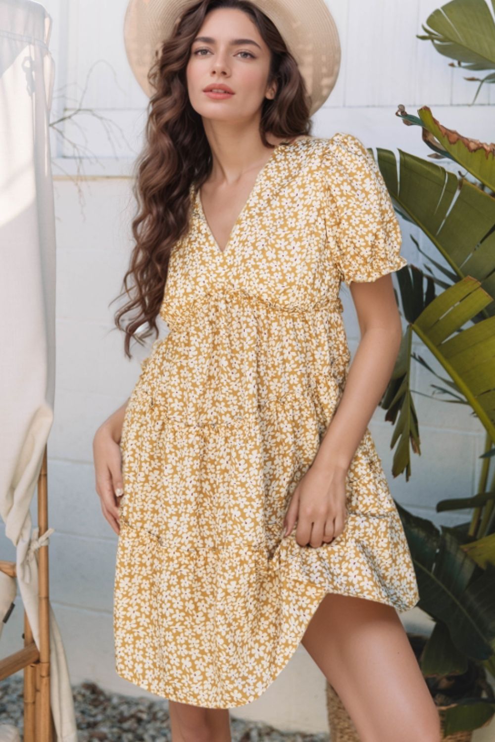 Floral Short Sleeve Surplice Frilly Tiered Mini Dress