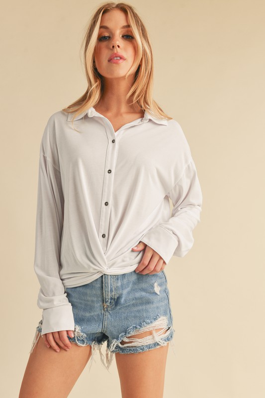 Twisted Hemline Button Detail Collared Neck Top