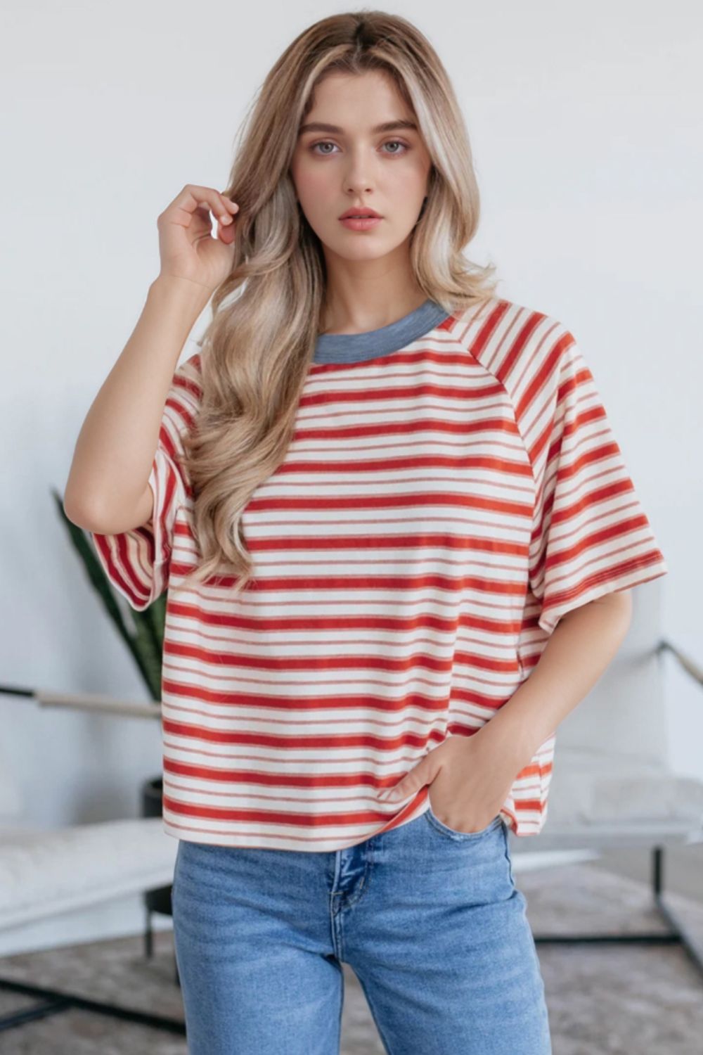 Stripe Print Contrast Collar Raglan Sleeve T Shirt