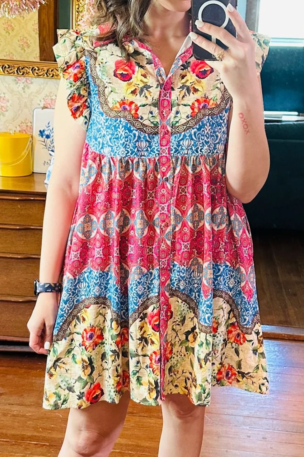 Floral Mixed Pattern Ruffle Flutter Sleeve Buttoned Dress