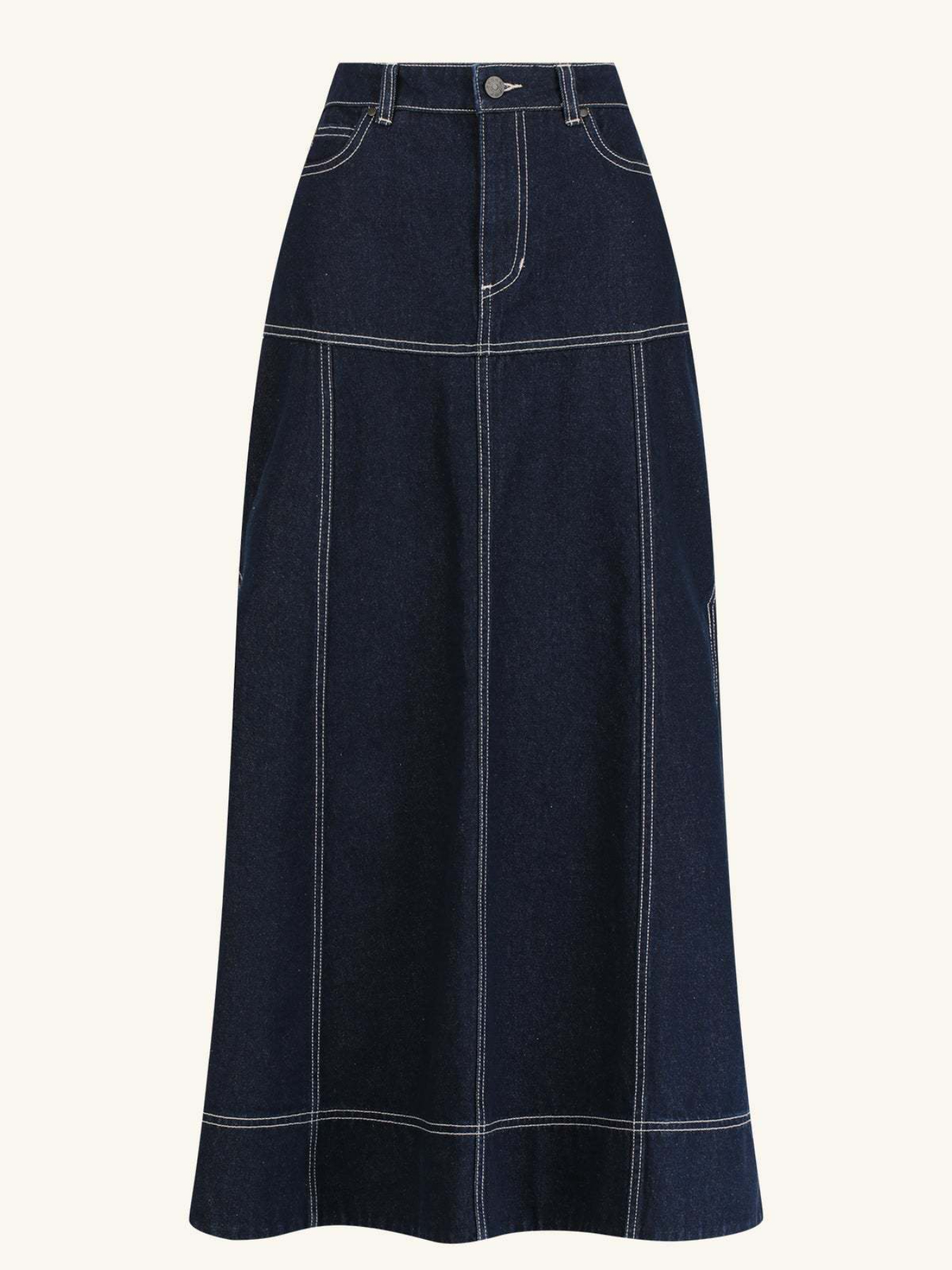 High-Waist Side Slit Contrast Stitch Denim Maxi Skirt