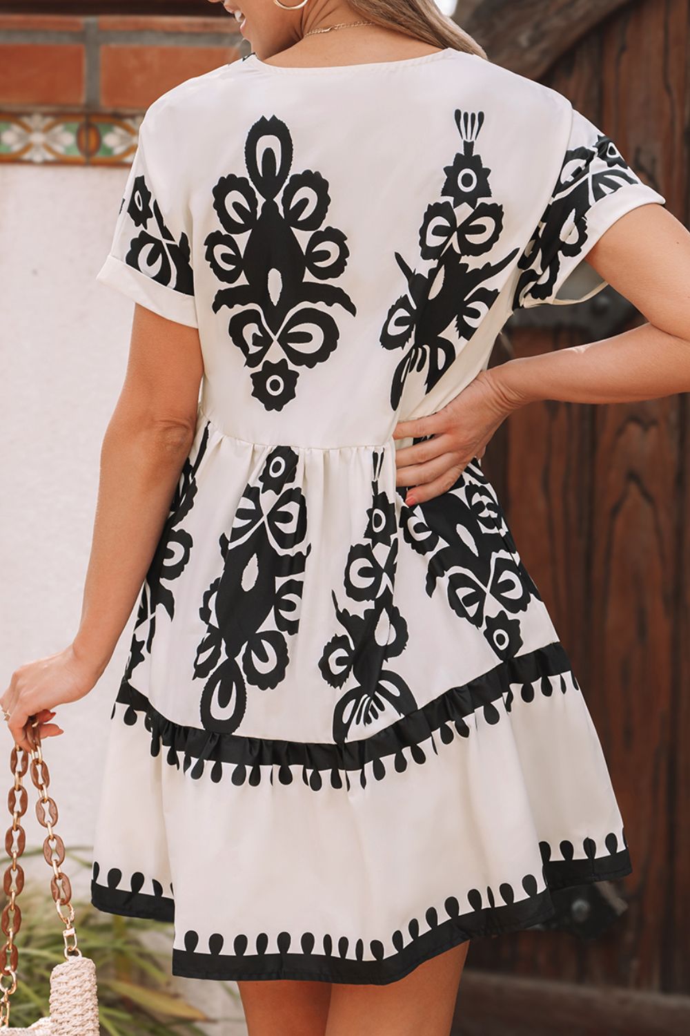 Printed V-Neck Short Sleeve Dress