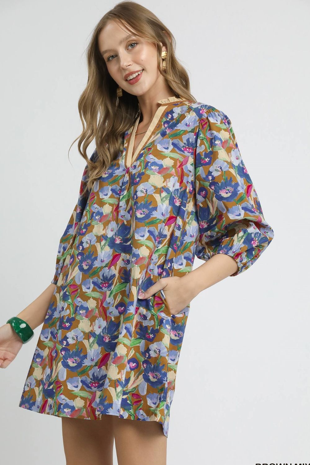 Umgee Boho Floral Balloon Sleeve Mini Dress