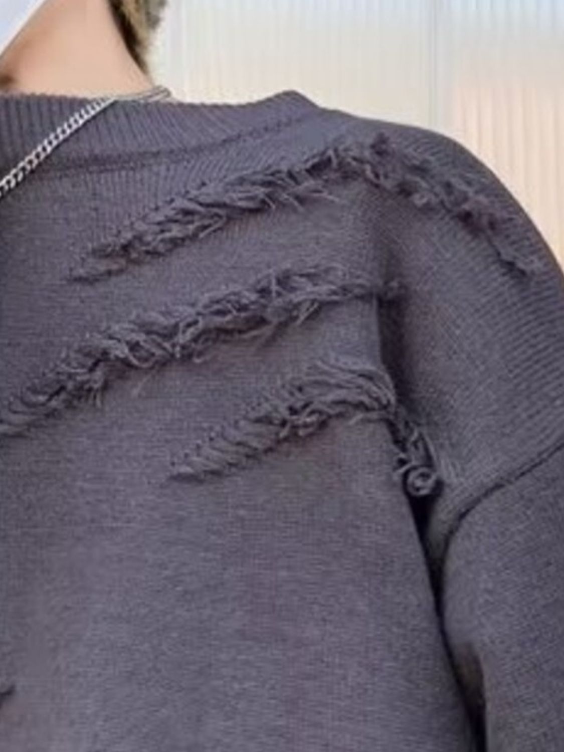 Men's Distressed Fringe Long Sleeve Sweater