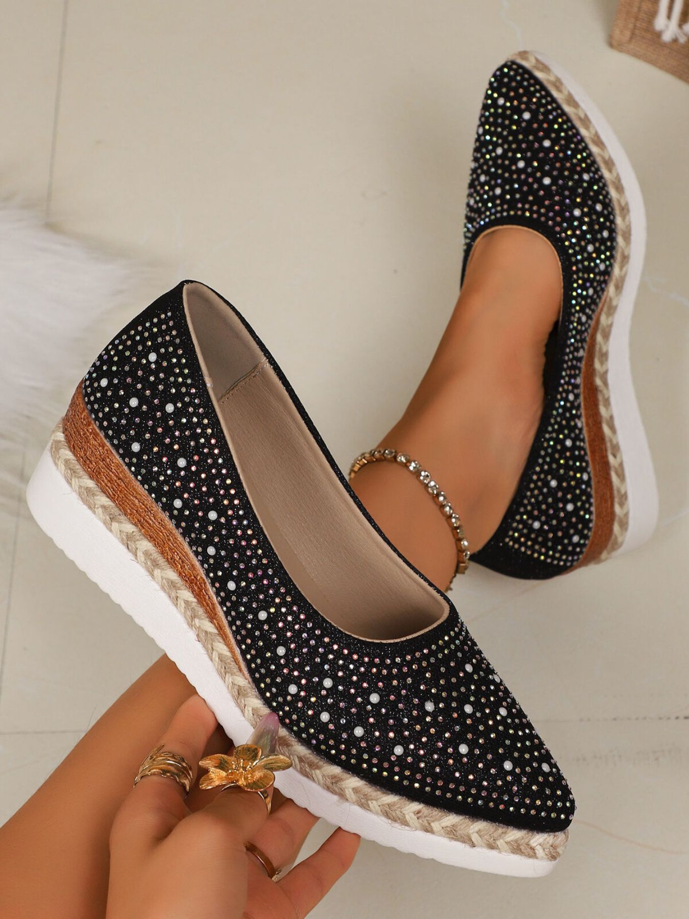 Rhinestone Point Toe Wedge Slip-Ons