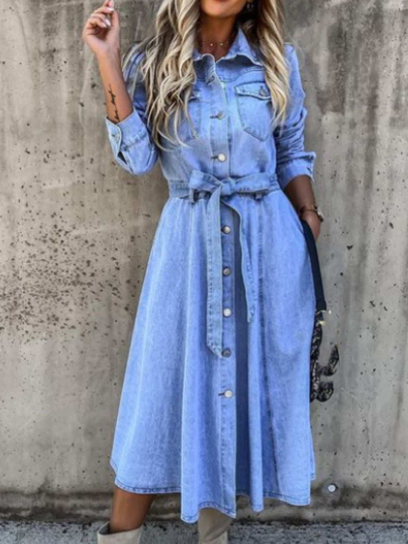 Full Size Tie Waist Button Front Denim Shirt Dress Plus Size