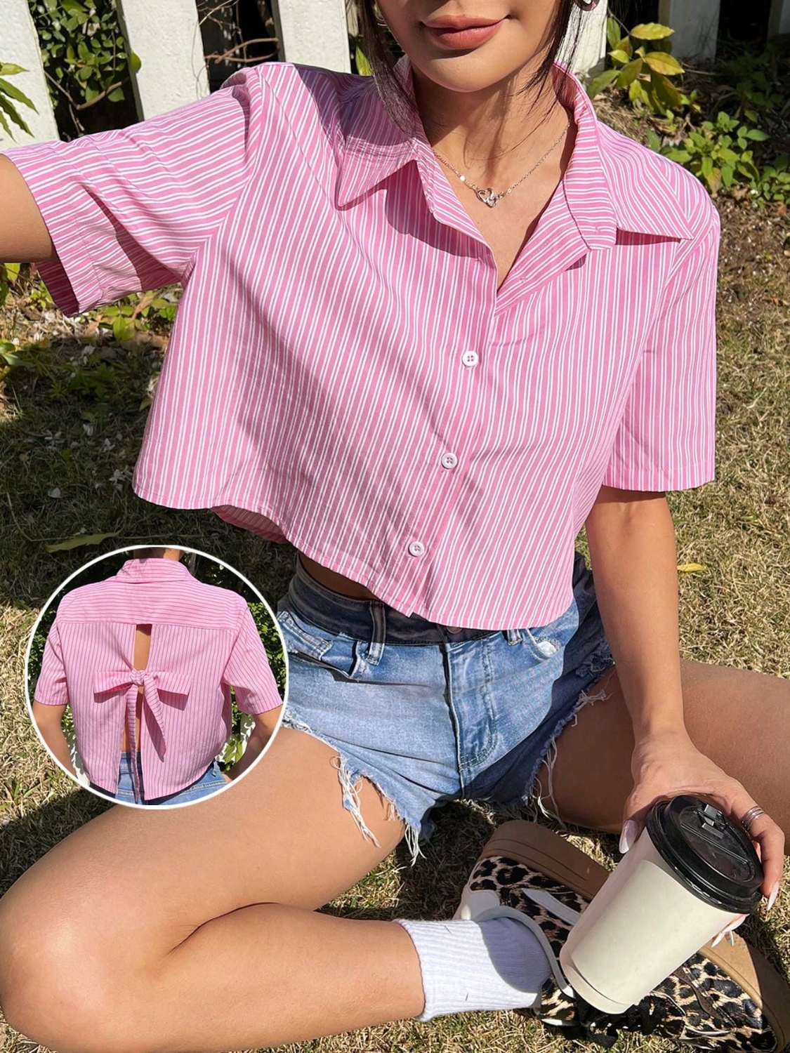 Bow Back Striped Short Sleeve Shirt