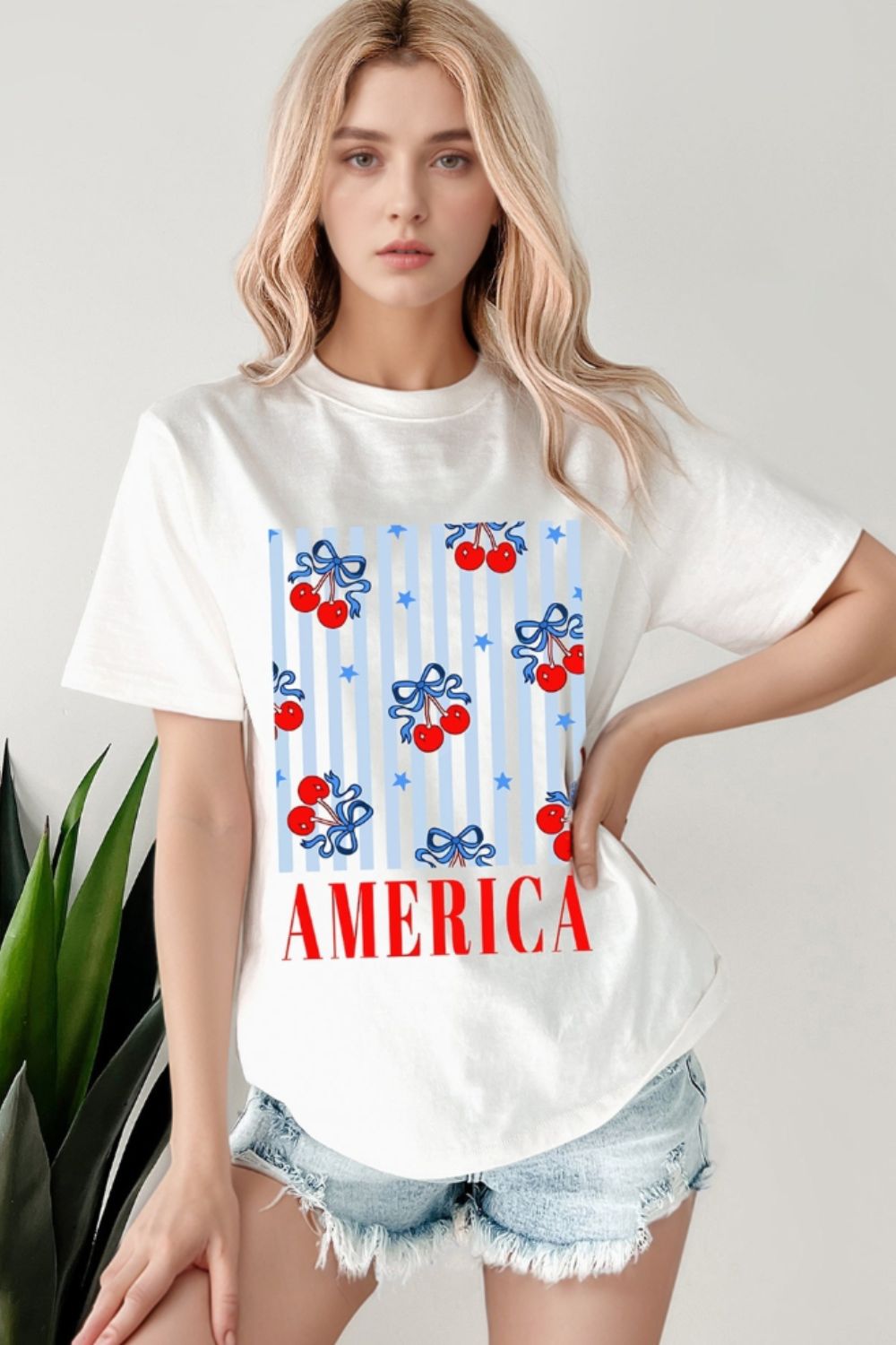 Bow Cherry AMERICA Graphic Crewneck Patriotic T Shirt