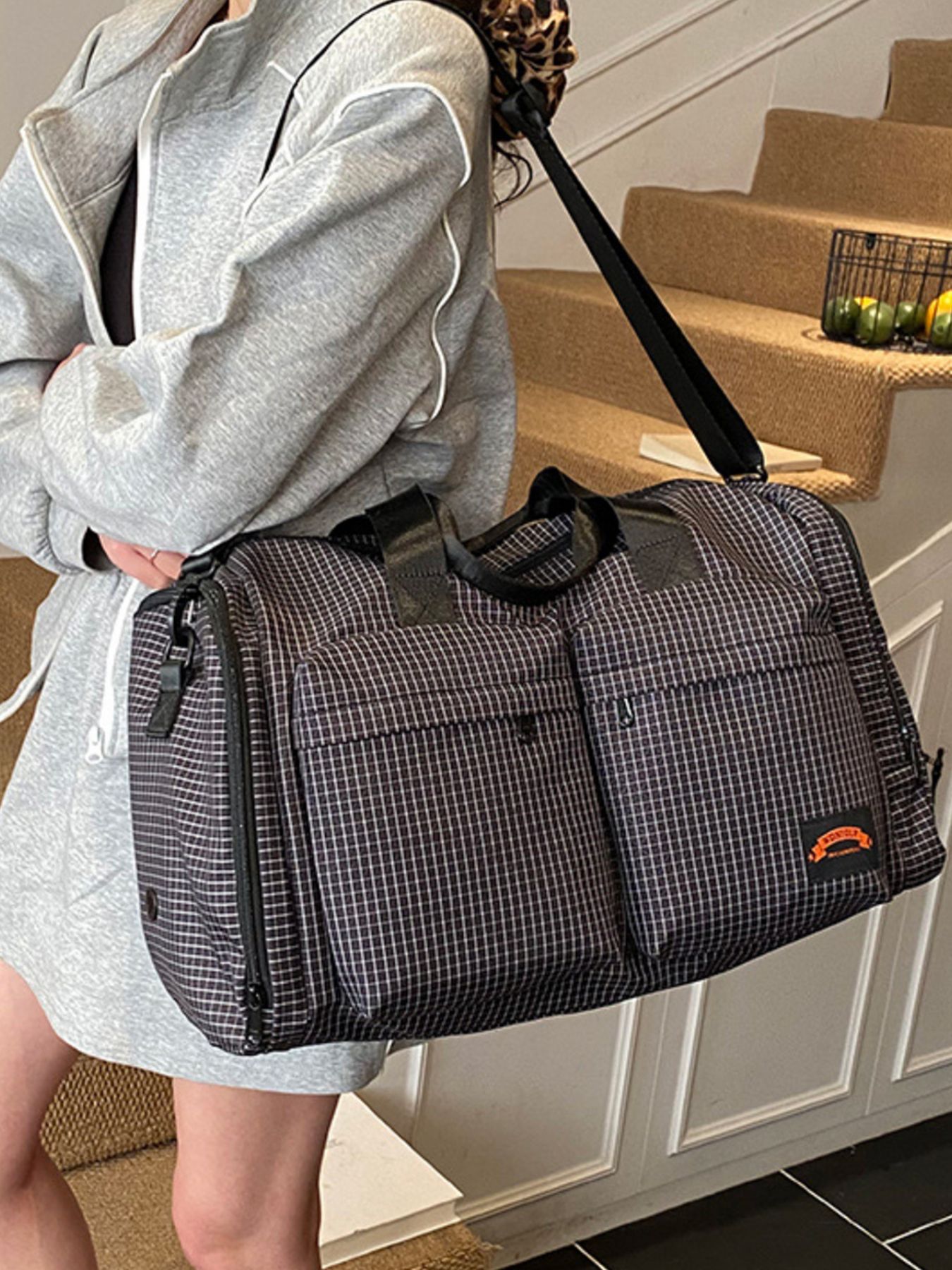 Plaid Duffel Bag with Multiple Pockets 6