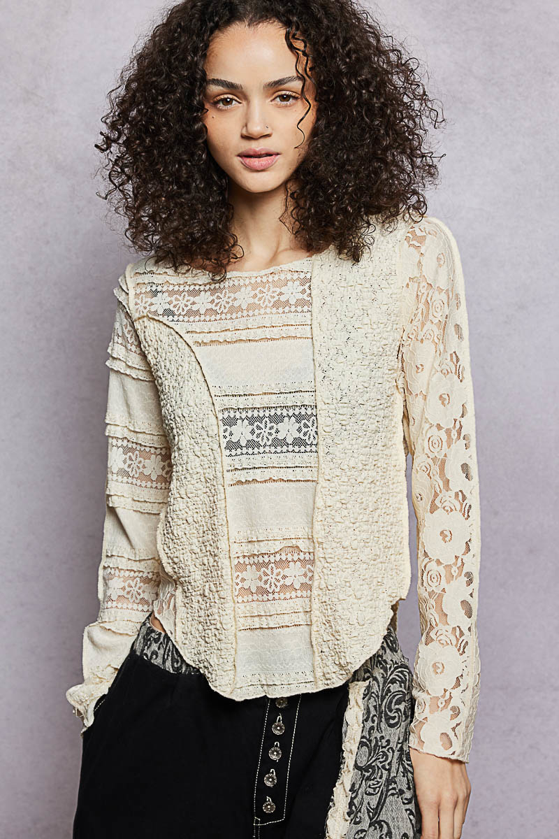 Round Neck Long Sleeve Exposed Seam Top with Lace Detail