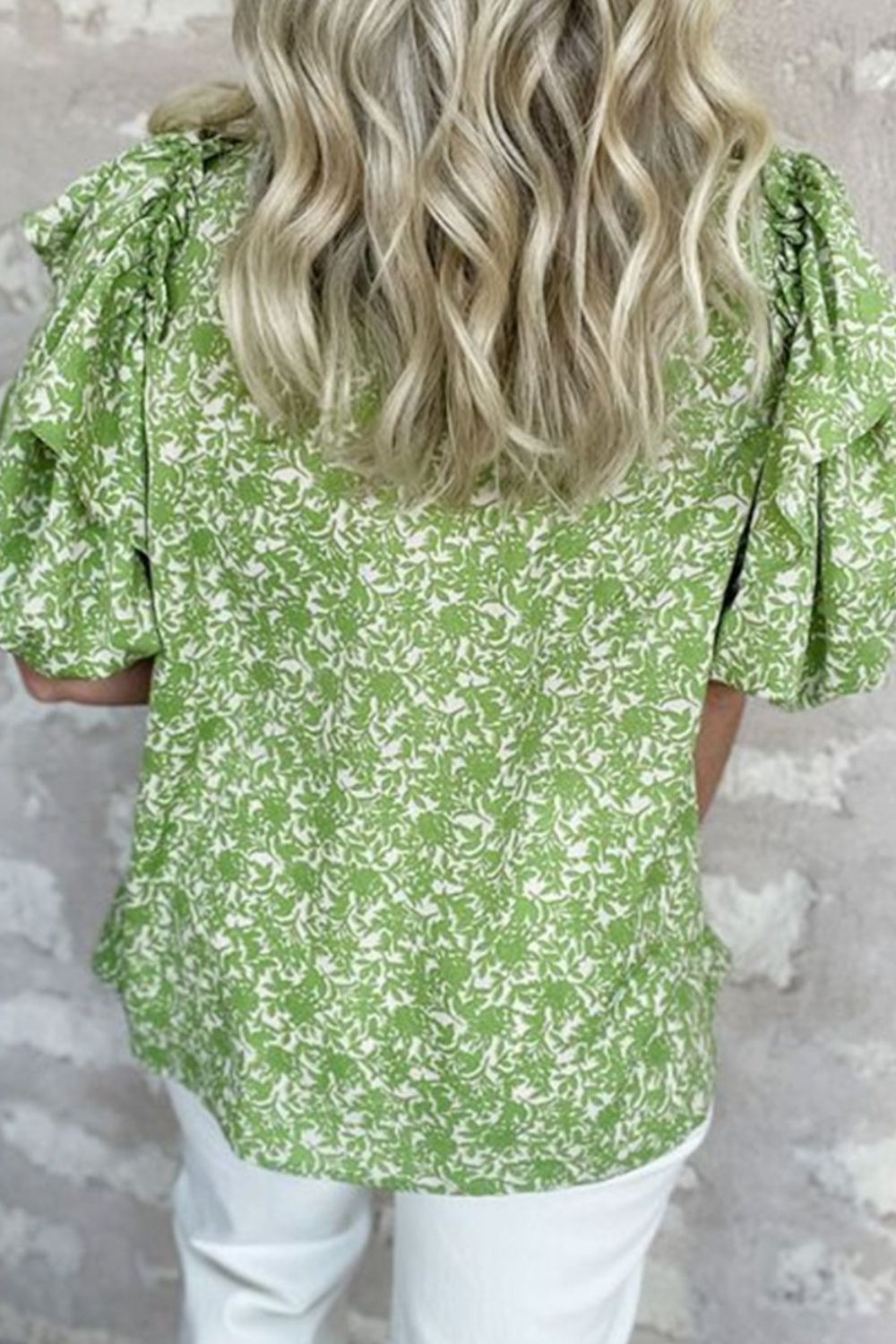 Floral Ruffle Puff Short Sleeve Frilled Notched Blouse