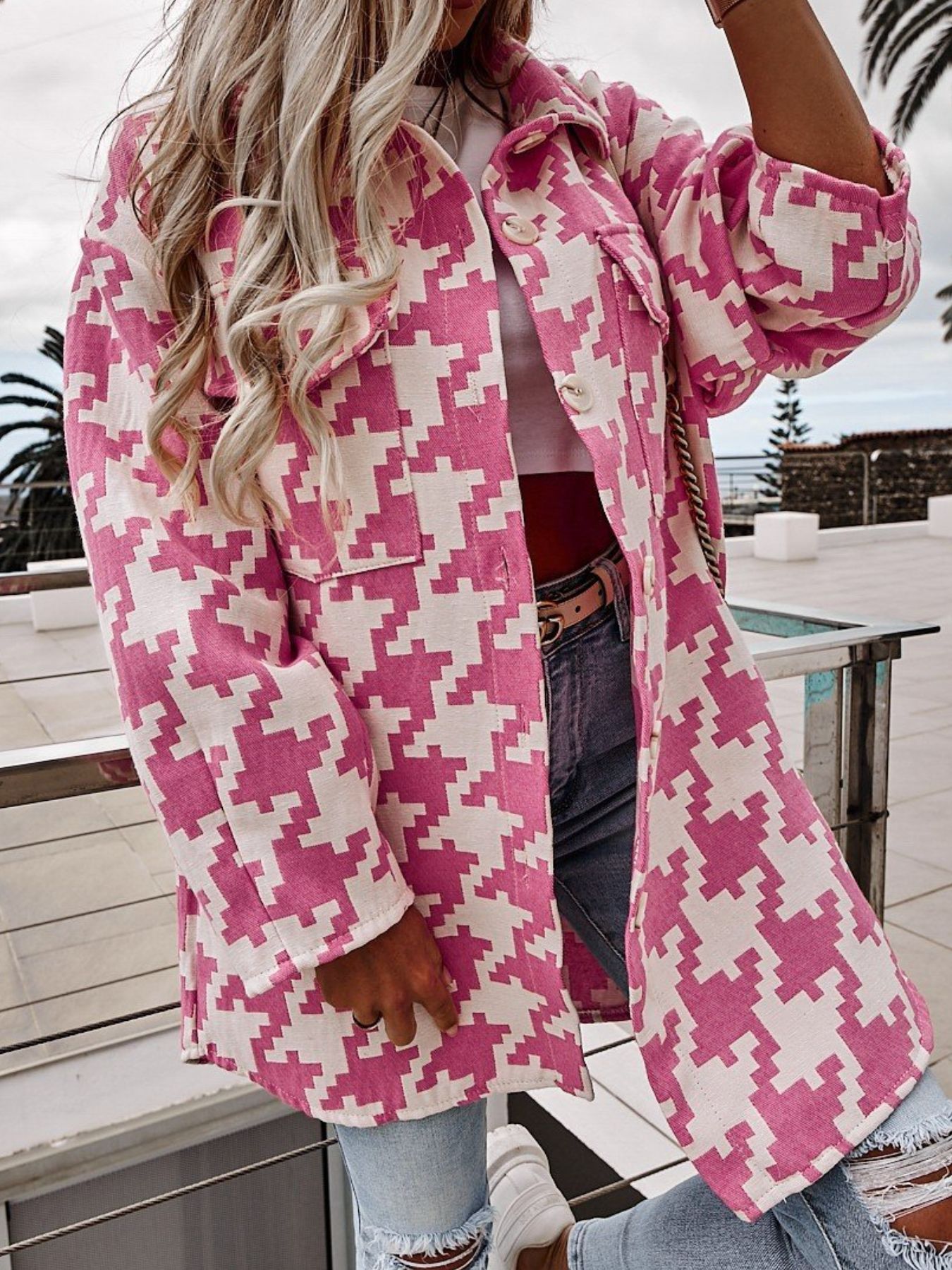 Houndstooth Button Up Long Sleeve Outerwear