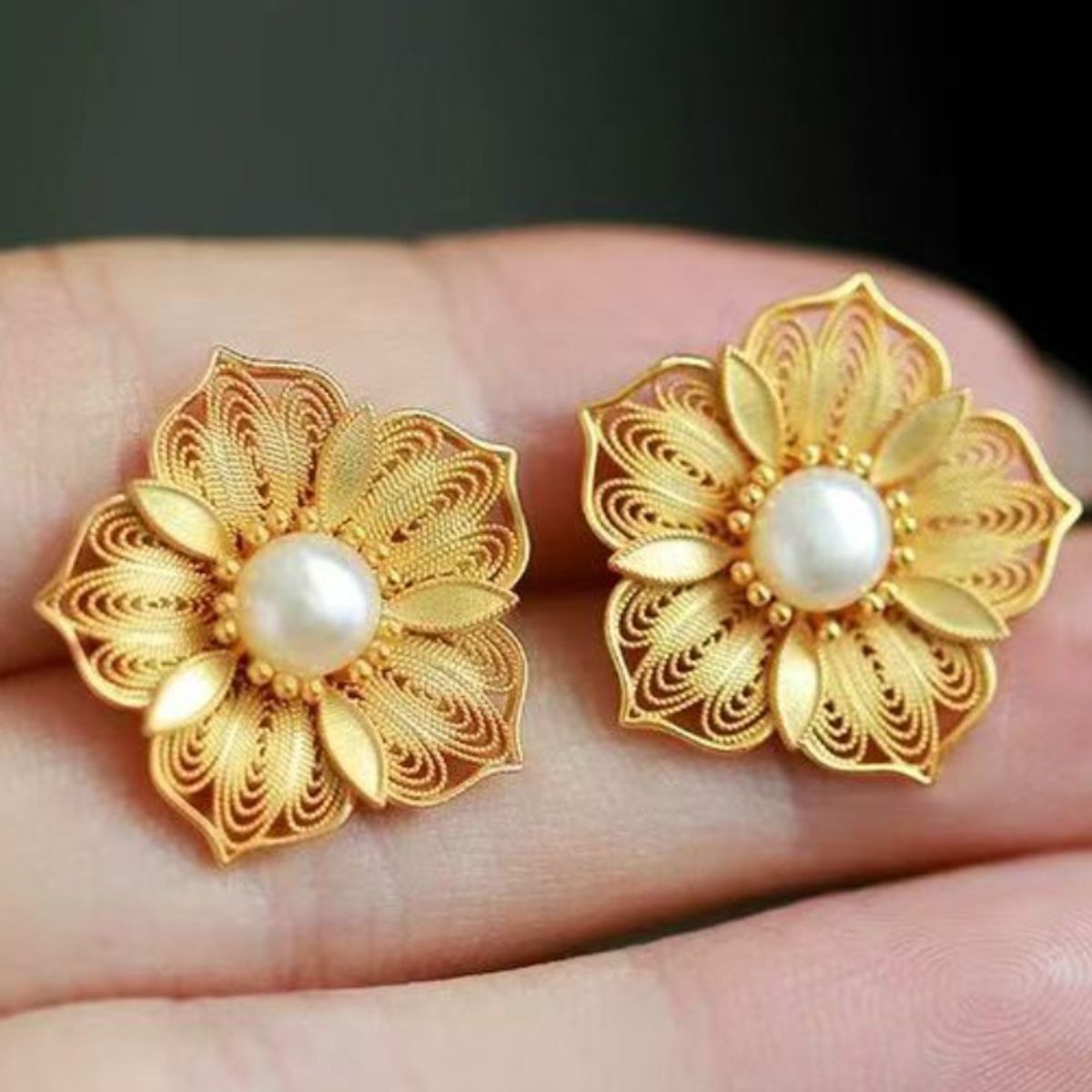 Floral Stud Earrings with Pearl Center