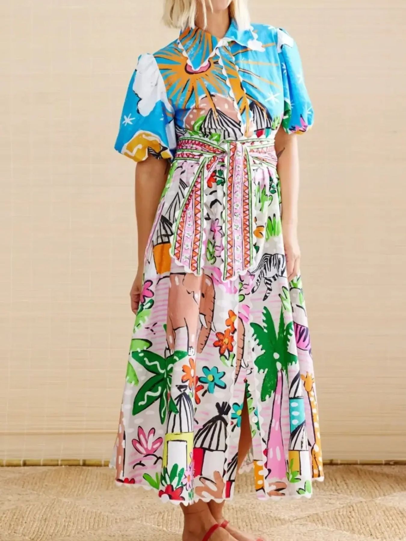 Button Down Tropical Short Sleeve Shirt Dress