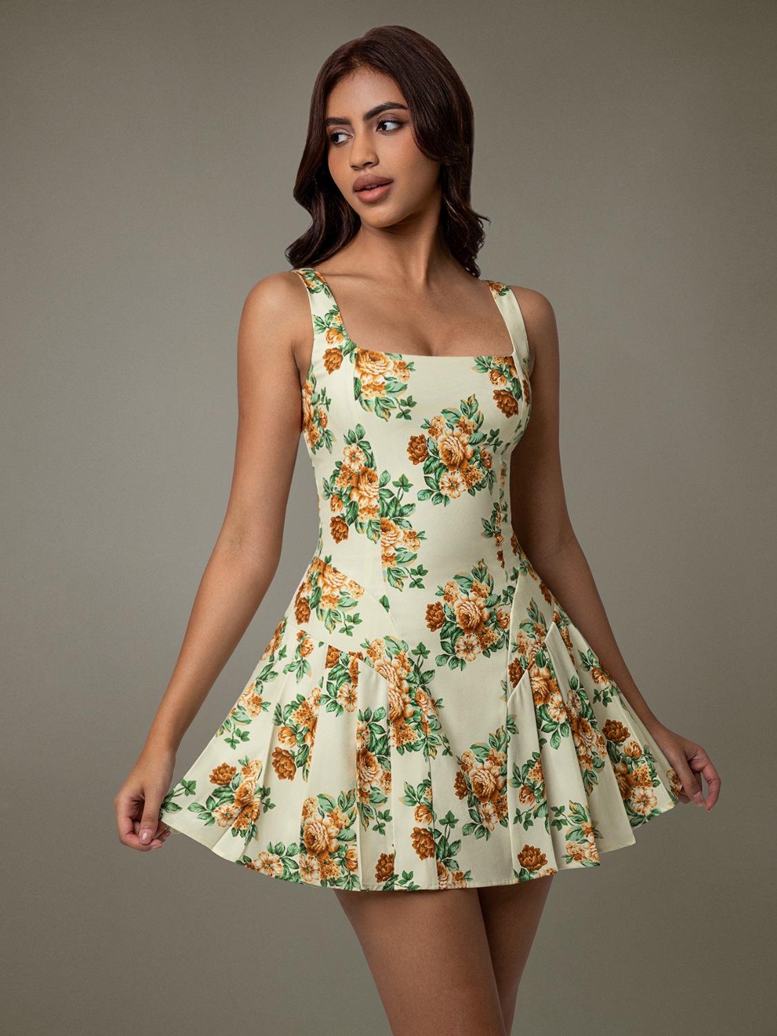 Floral Sleeveless Mini Pleated Dress 1