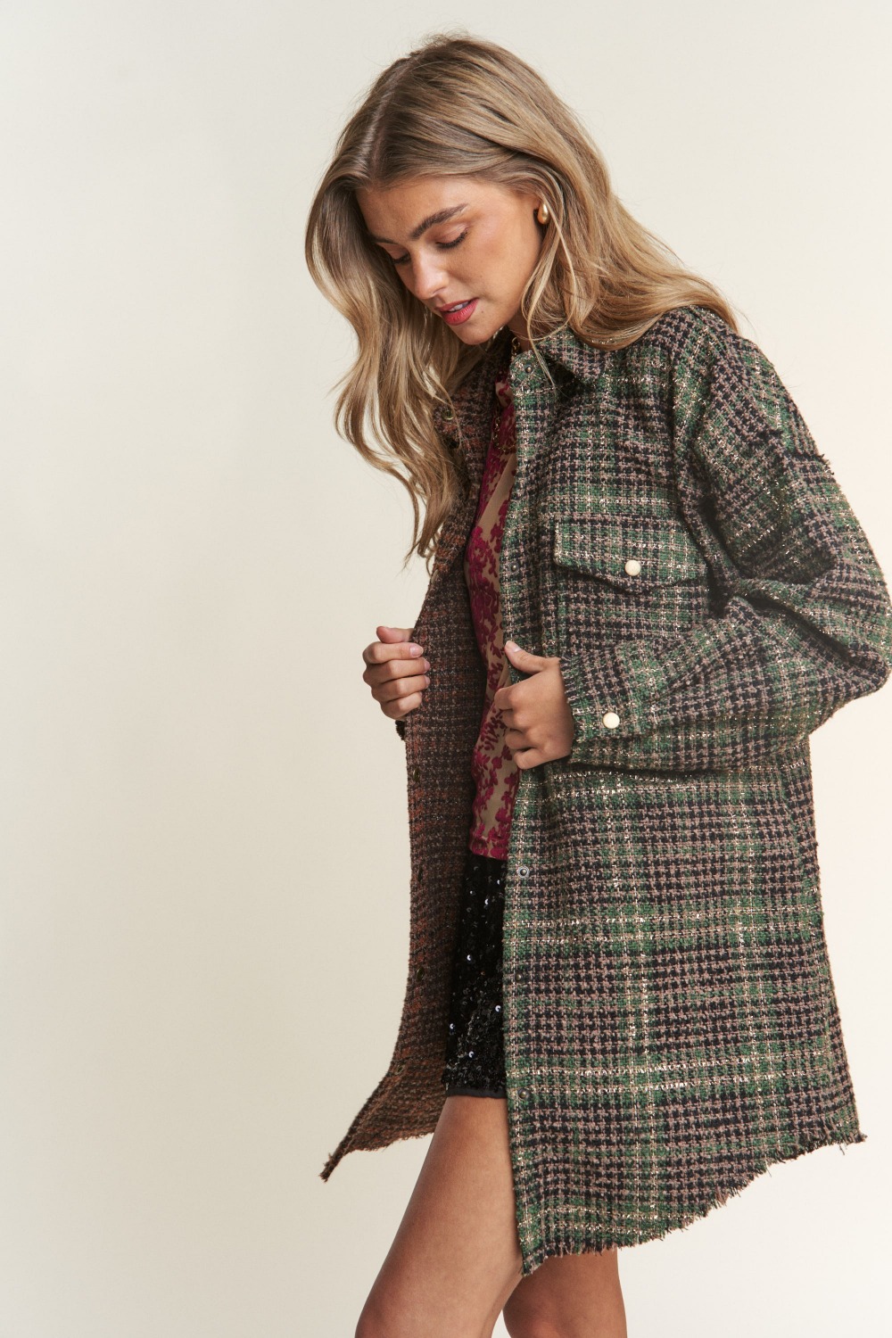 Snap Down Tweed Plaid Contrast Longline Shacket