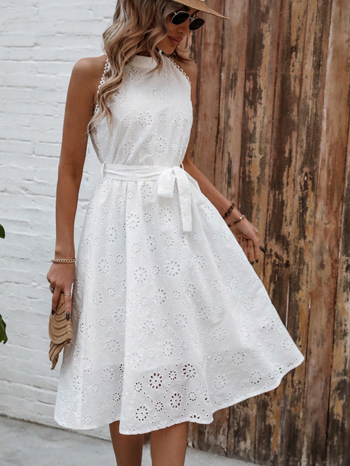 Eyelet Grecian Neck Tie Waist Midi Dress