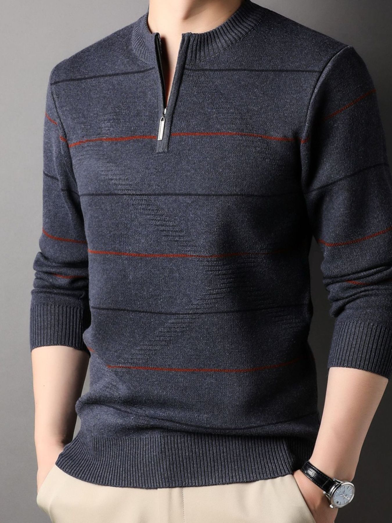 Men's Plus Size Striped Quarter Zip Knit Pullover