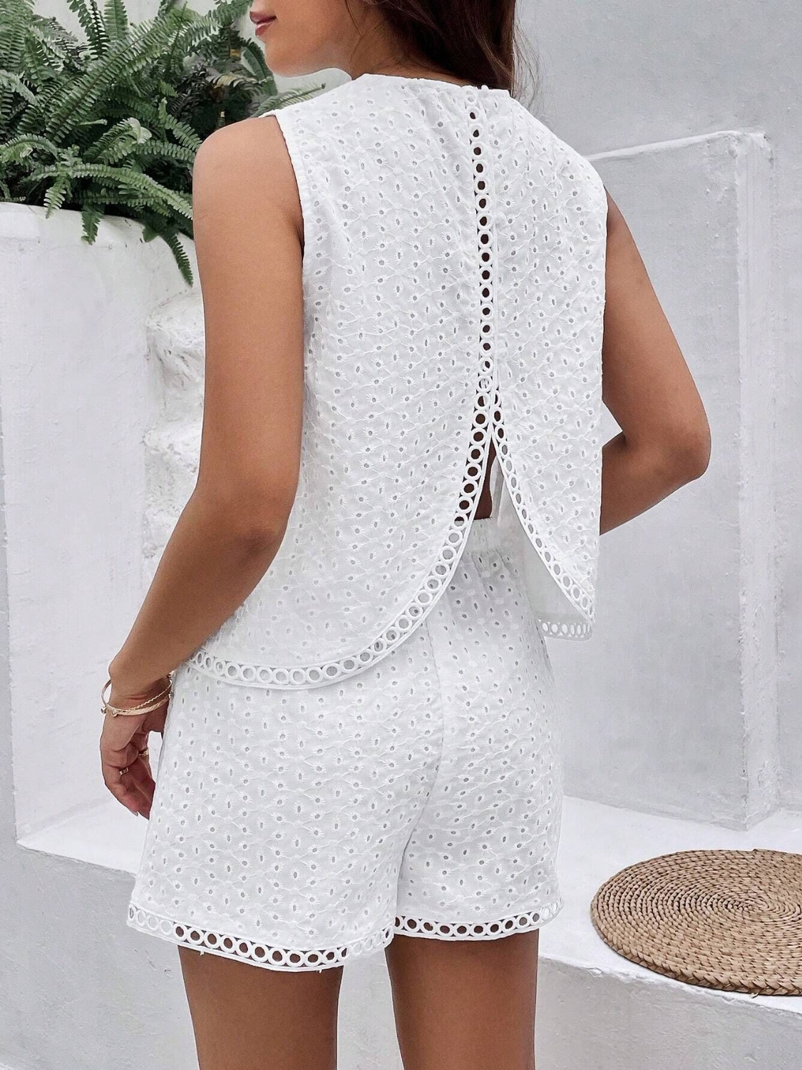 Eyelet Round Neck Top and Shorts Set