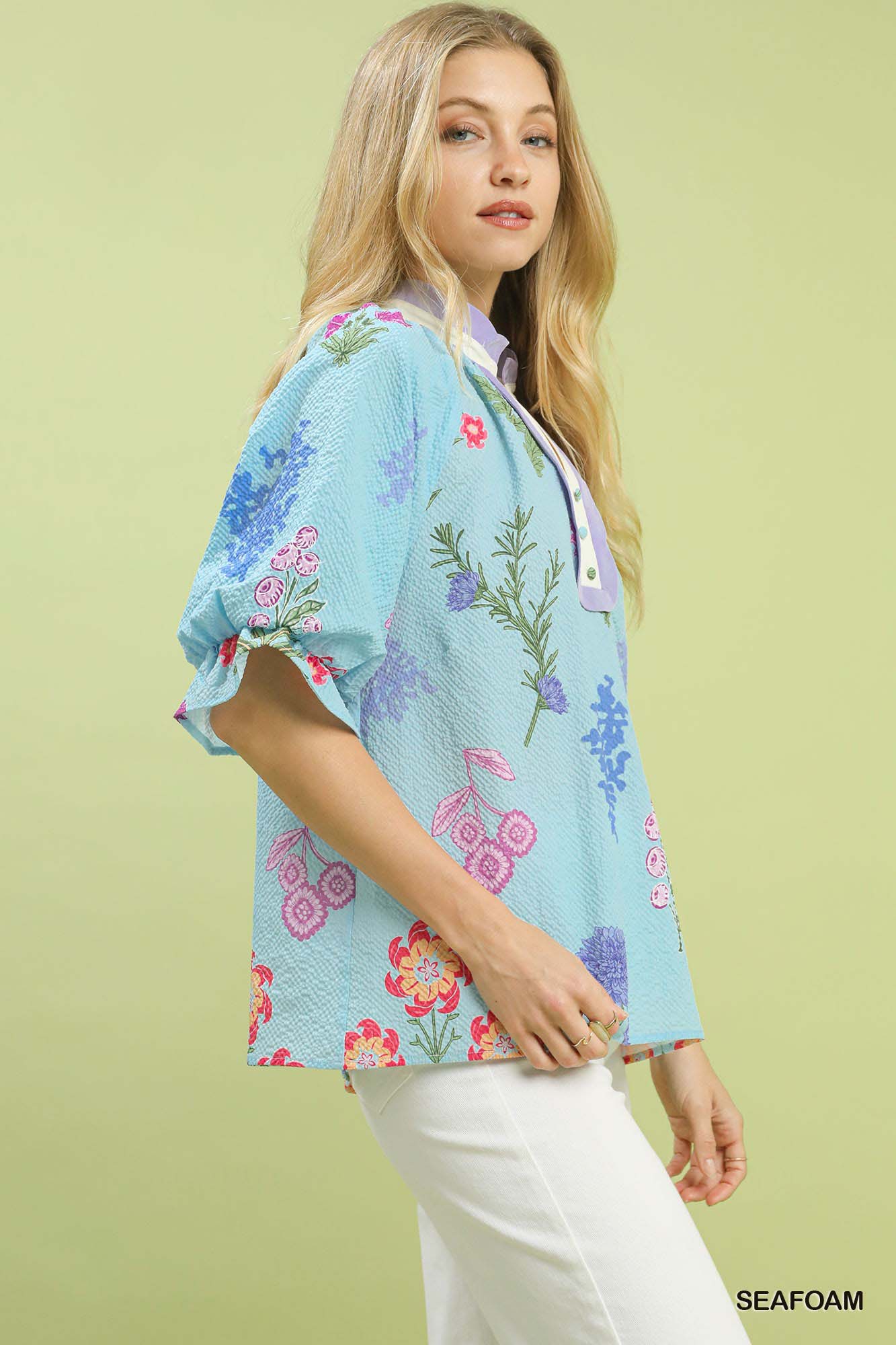 Umgee Floral Puff Sleeve Blouse with Scallop Trim Collar