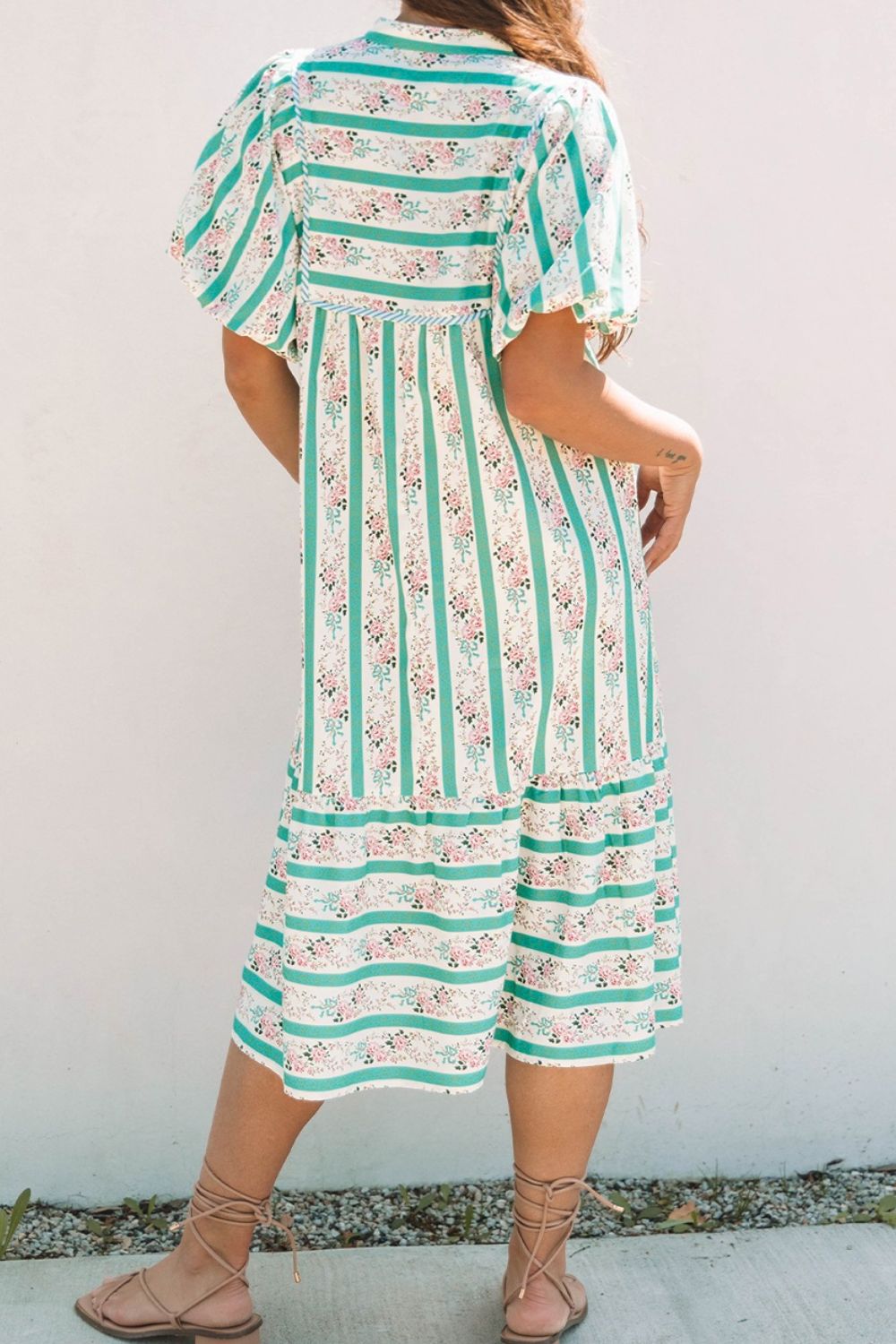 Striped Floral Print Tie Neck Puff Sleeve Midi Dress