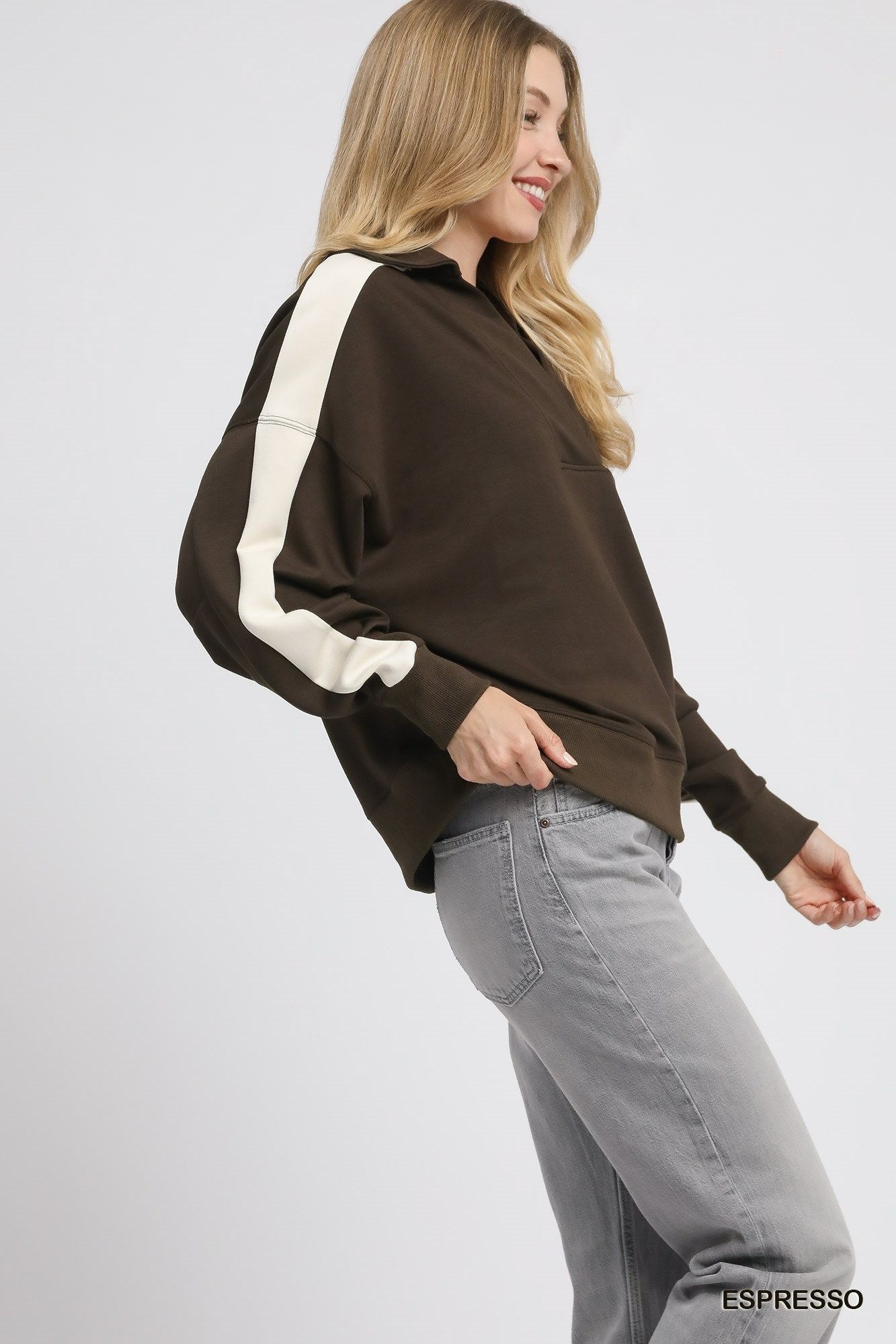 Umgee Color Block Polo Sweatshirt