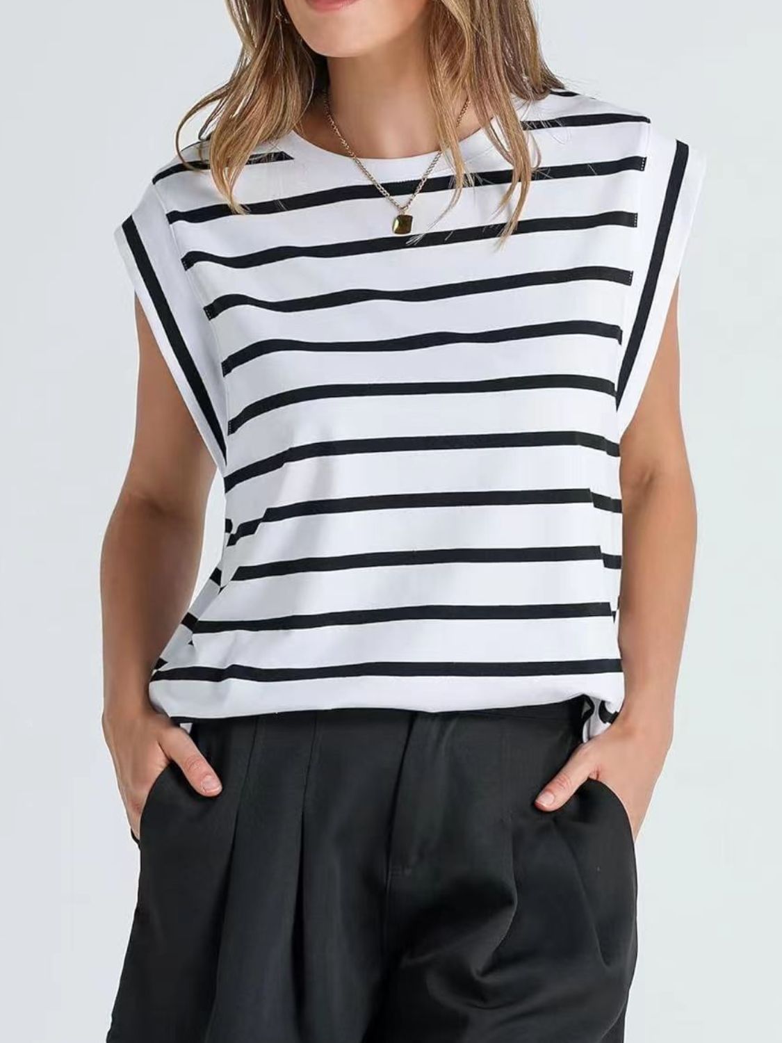 Striped Round Neck Cap Sleeve T-Shirt