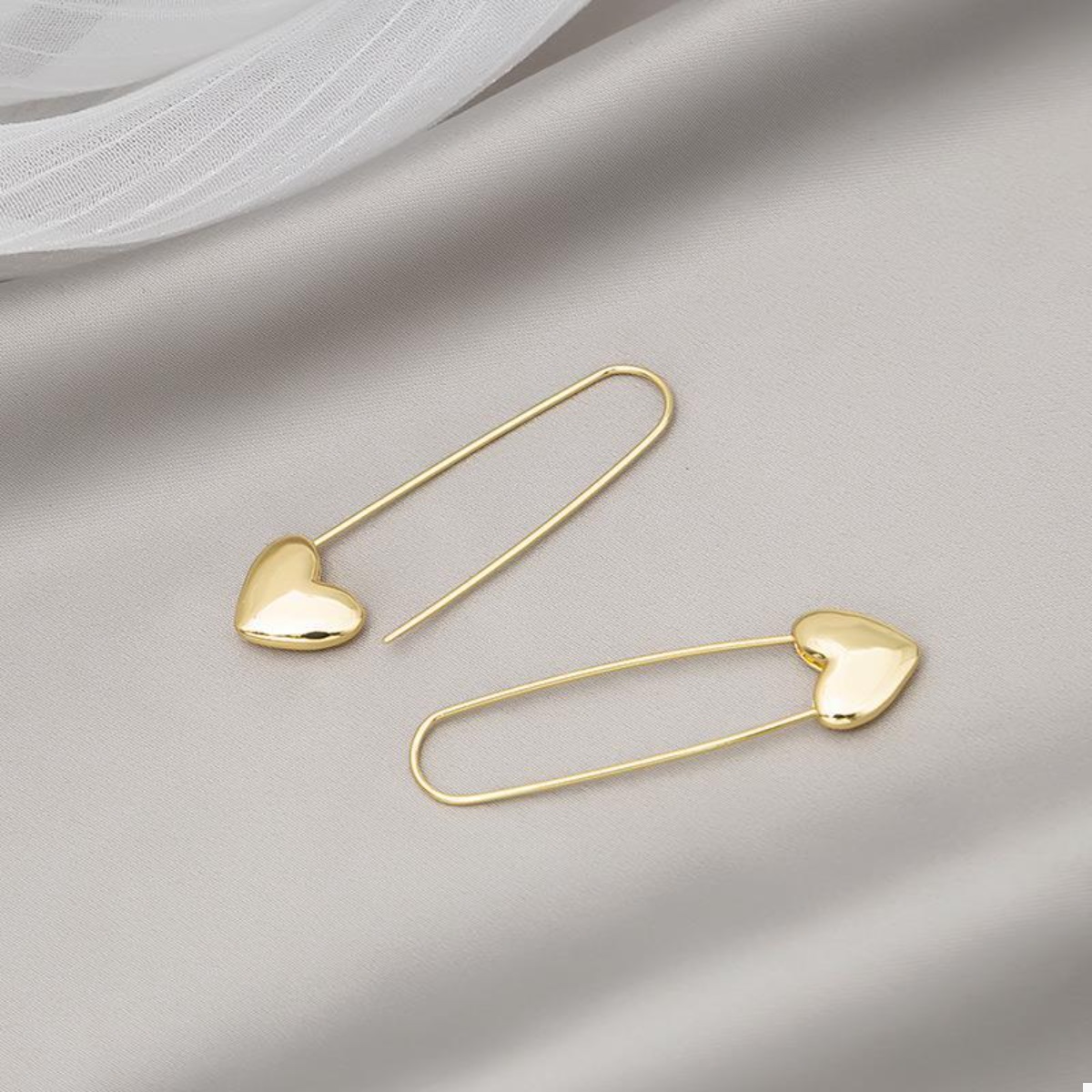 18K Gold-Plated Heart Charm Safety Pin Earrings