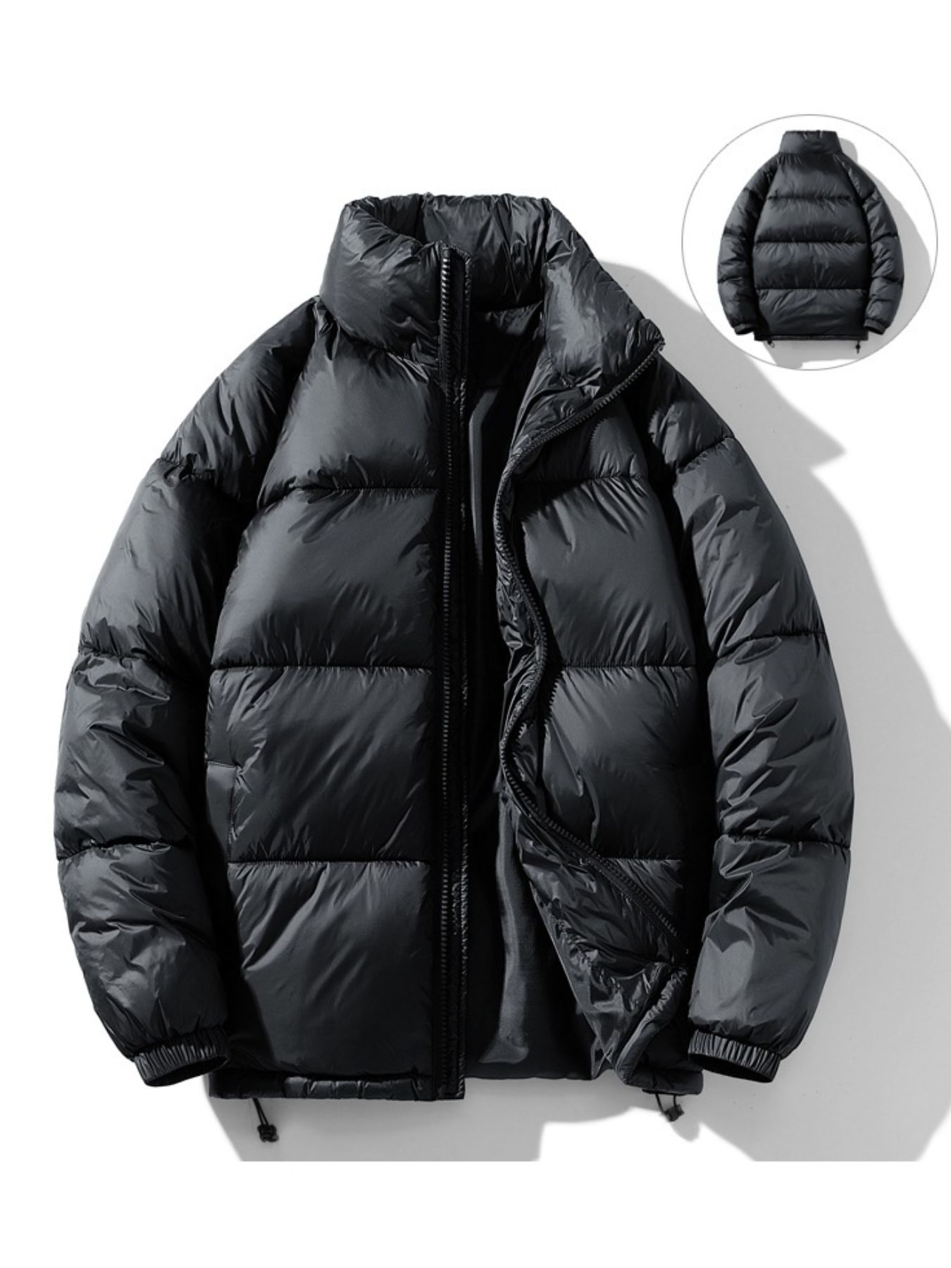 Men's Full Size Stand Collar Quilted Puffer Jacket with Drawstring Hem Plus Size