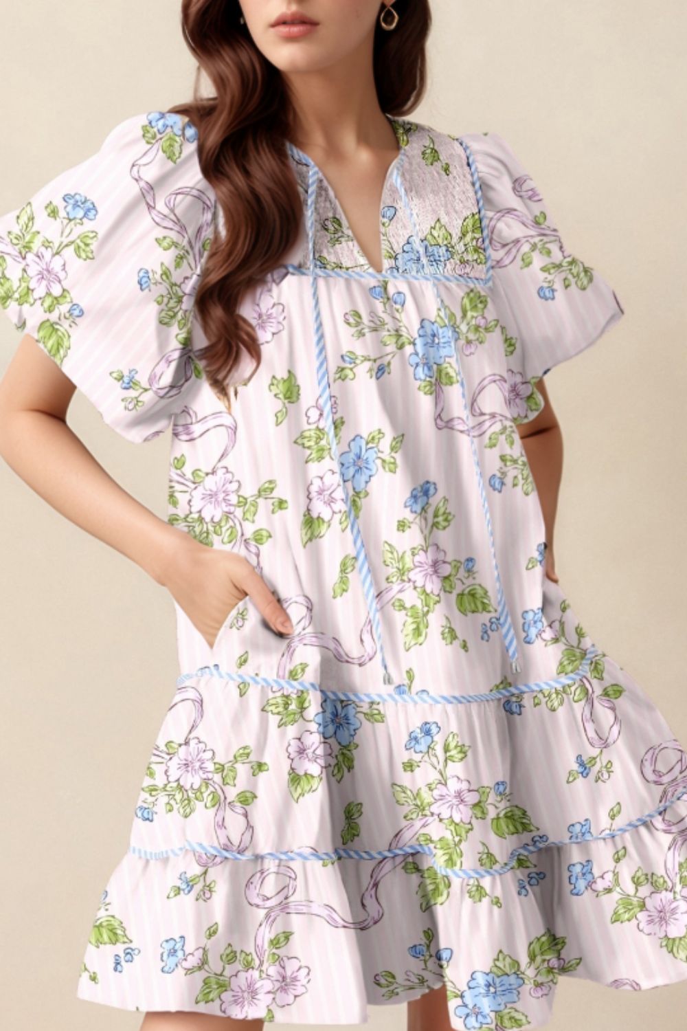 Printed Tie Neck Short Sleeve Mini Dress