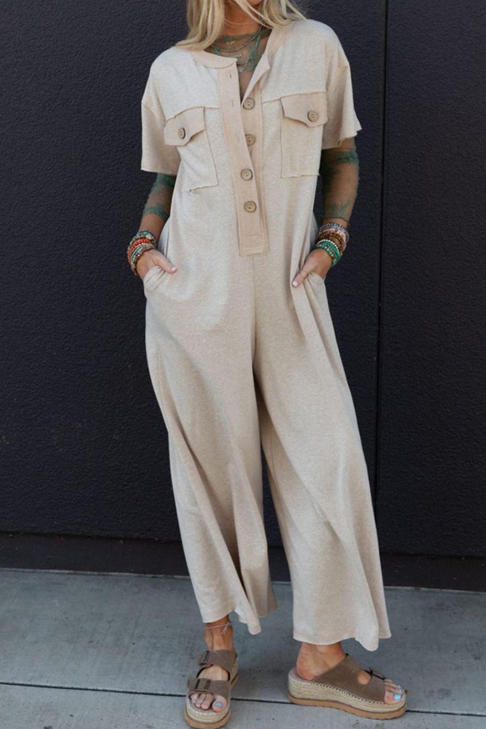 Pocket Front Short Sleeve Wide Leg Jumpsuit