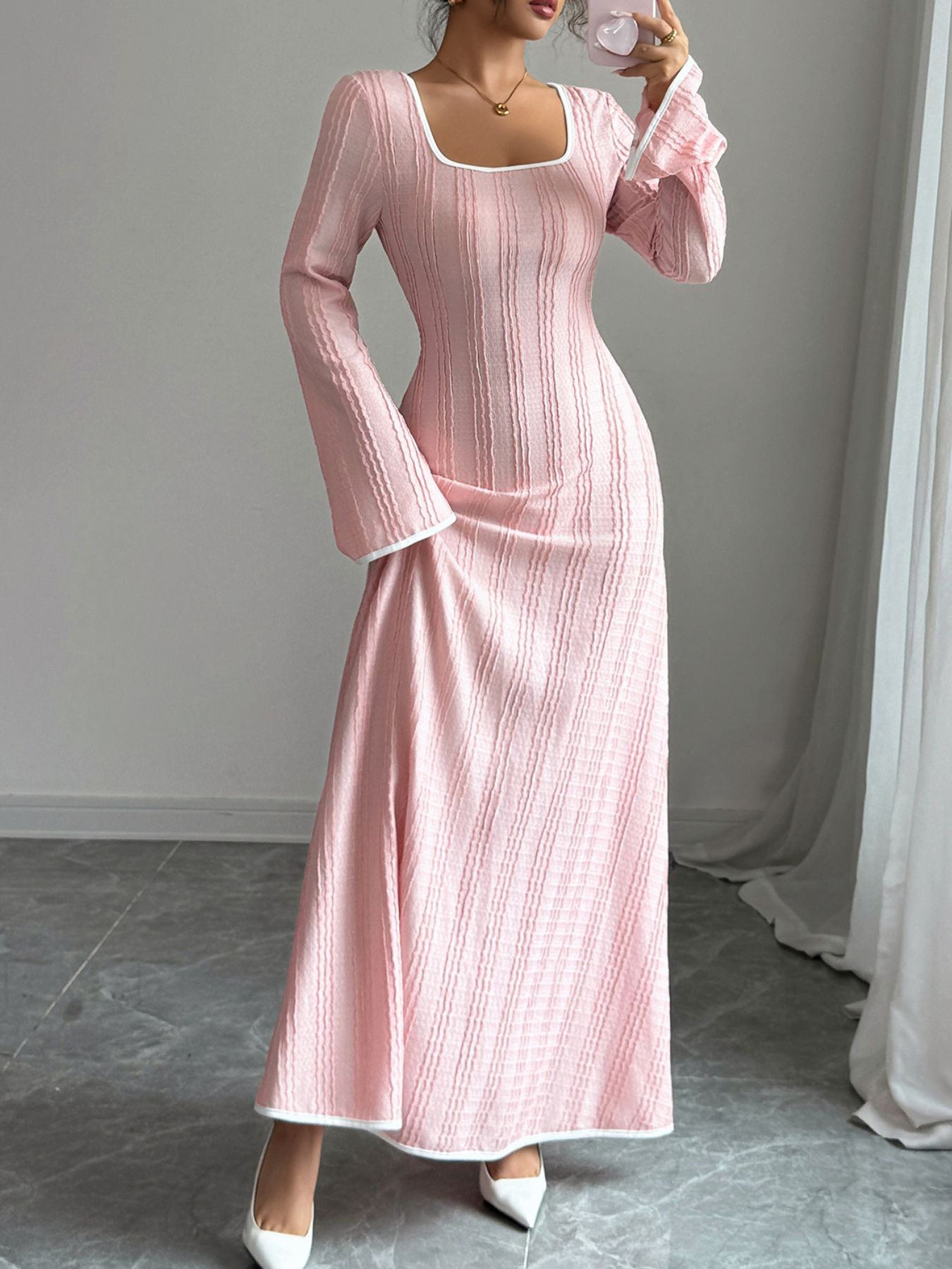 Textured Square Neck Long Sleeve Maxi Dress