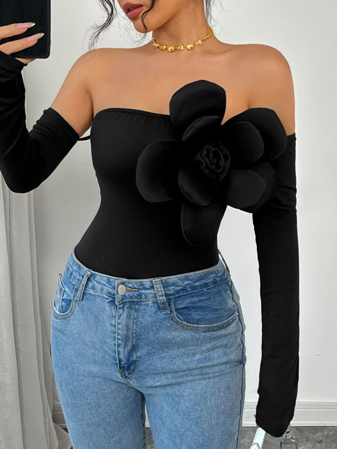 Flower Off-Shoulder Long Sleeve Bodysuit