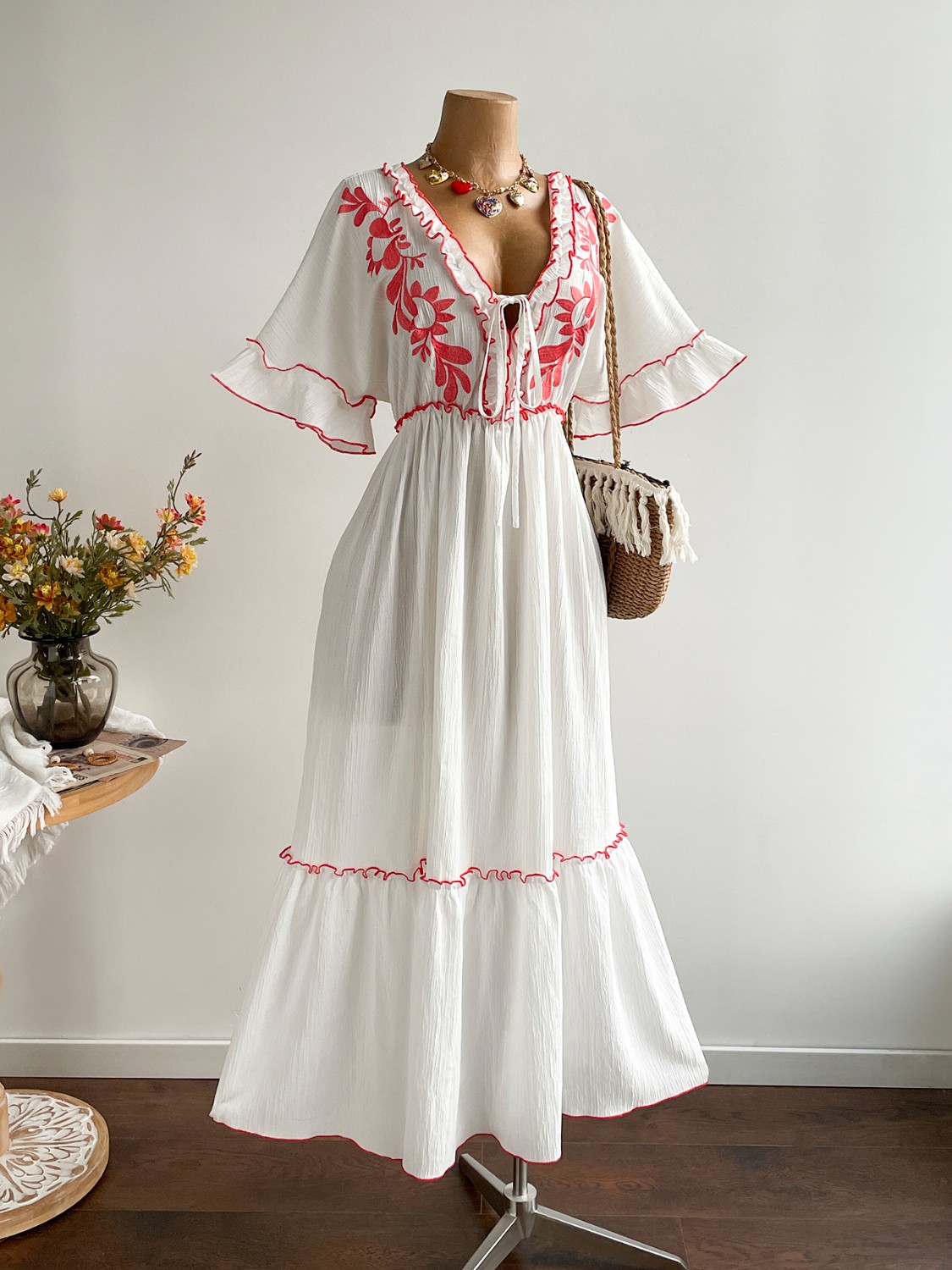 Plus Size Front Tie Maxi Dress with Floral Embroidered