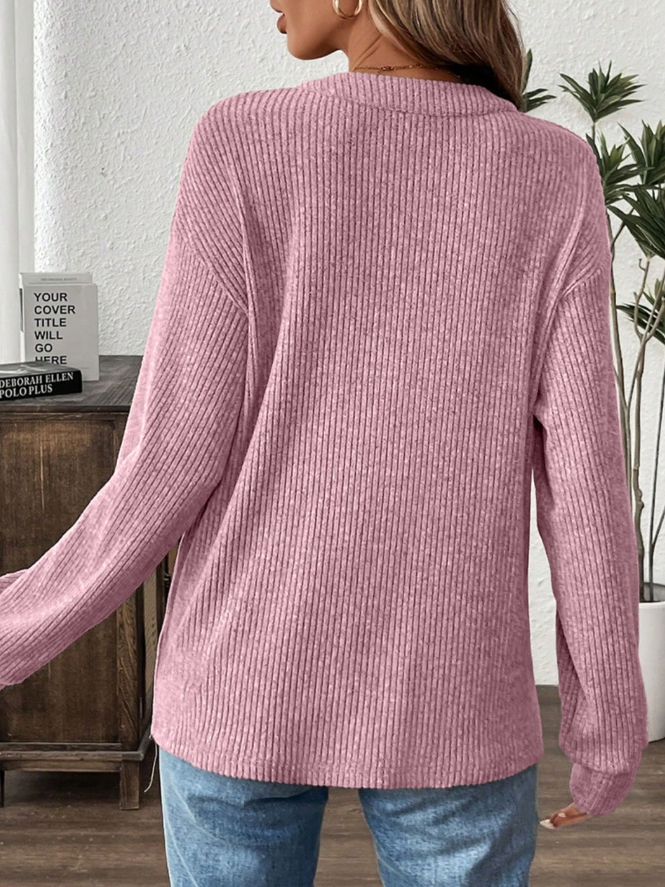 Ribbed Texture Drop Shoulder Henley Top