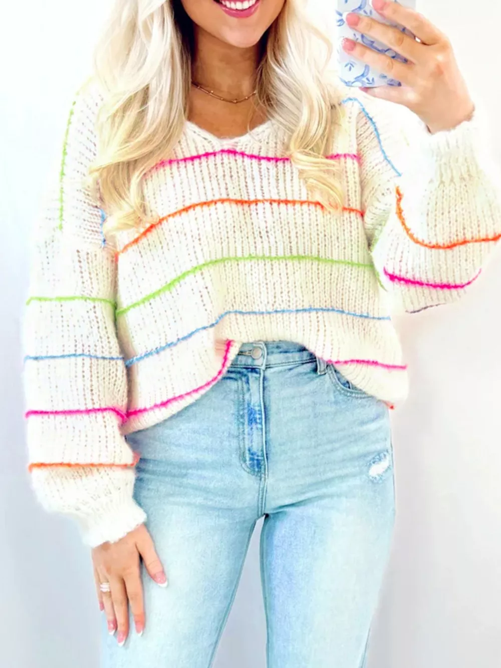 Colorful Striped Detail V Neck Drop Shoulder Baggy Sweater