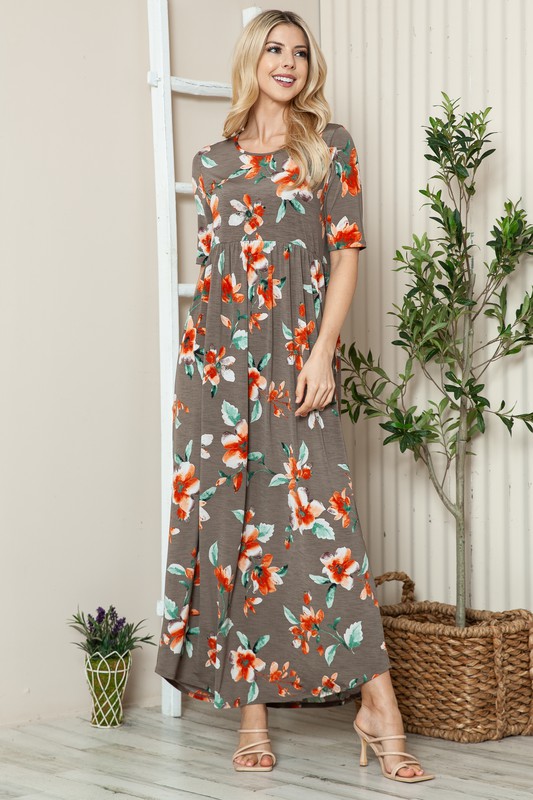 Floral Round Neck Short Sleeve Maxi Tee Dress