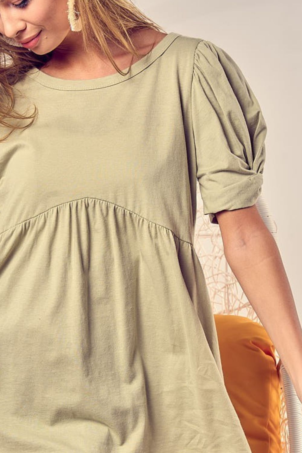 Cotton Span Knit With Puff Sleeve Baby Doll Top