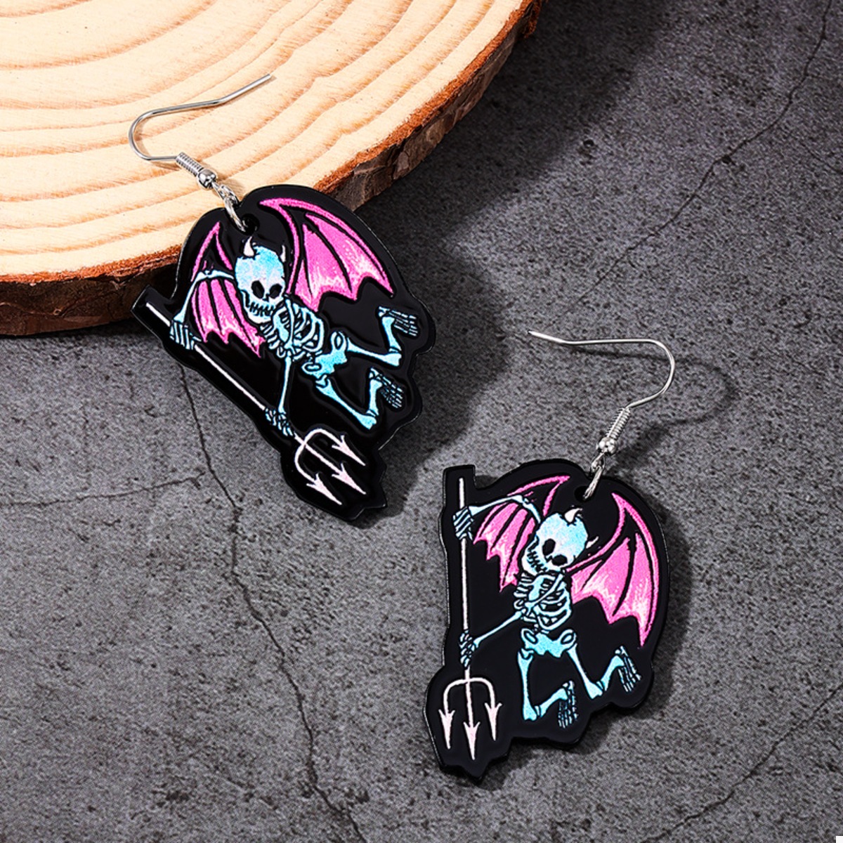 Halloween Spooky Skeleton Devil Wing Dangle Earrings