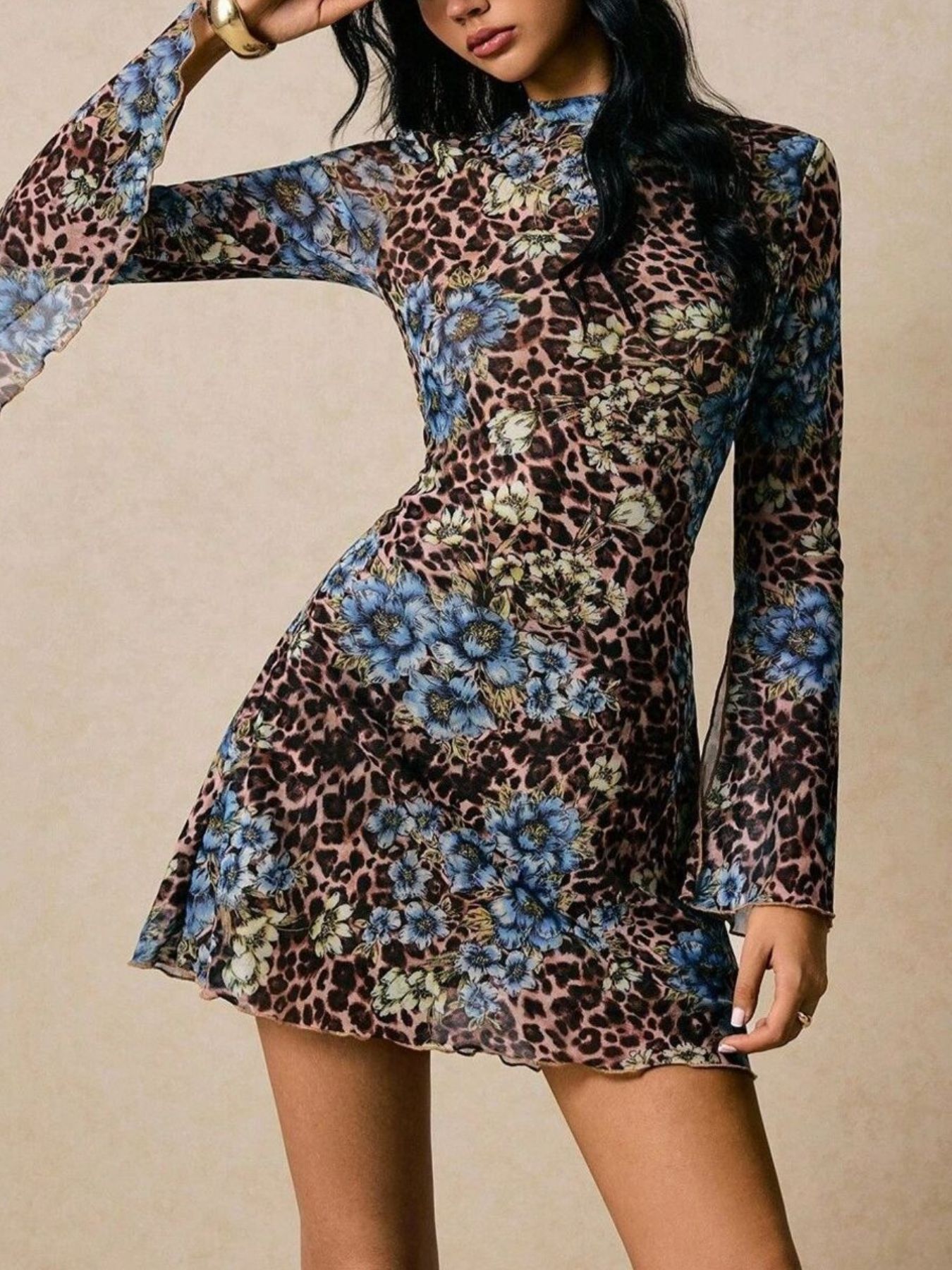Floral Leopard Print Slit Sleeve Mini Dress