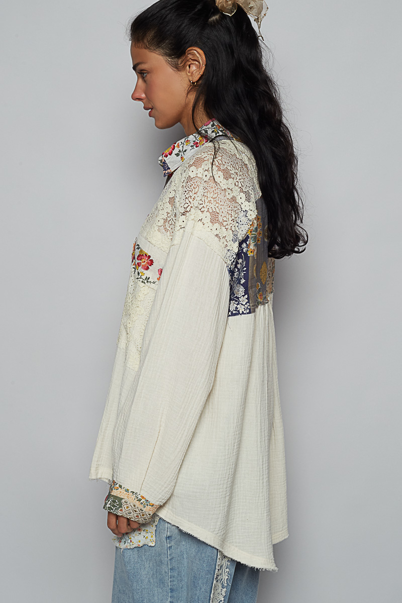 Lace Patchwork Floral Trim Long Sleeve Shirt